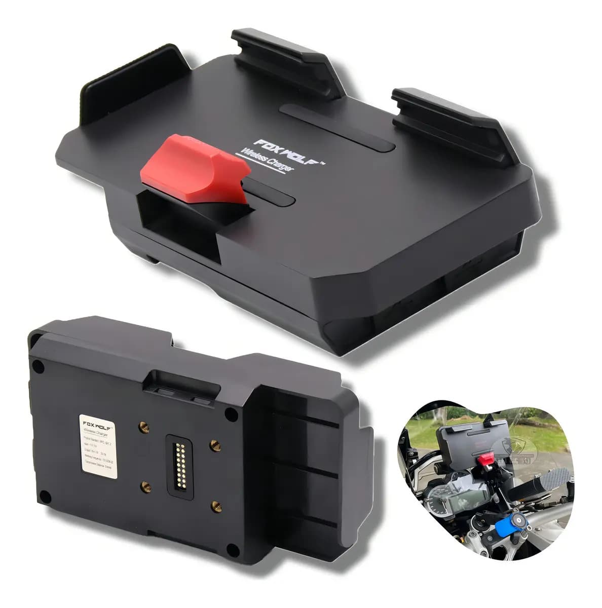 Suporte Celular Indução Moto Fox Wolf C/ Usb P/ Bmw R Gs Adv Preto E Vermelho